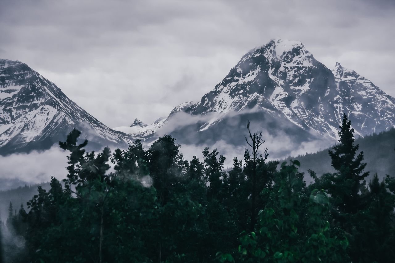 Majestic snow-covered mountains captured in the Canadian Rockies, featuring lush greenery and clouds.